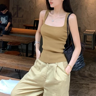 ZHELIHANGFEI สแควร์คอถักยกทรงสตรีด้านใน จุดต่ําสุด แขนกุดด้านบน