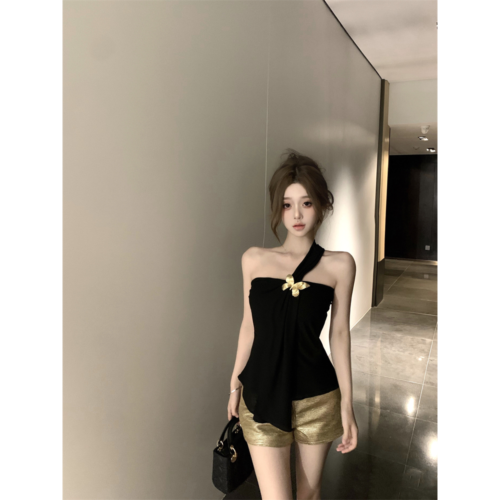 【BANKO】เสื้อกั๊กเซ็กซี่ผู้หญิงฤดูร้อนสีดําเชือกแขวนคอสั้นด้านบน (ไม่มีอุปกรณ์เสริมผีเสื้อ)