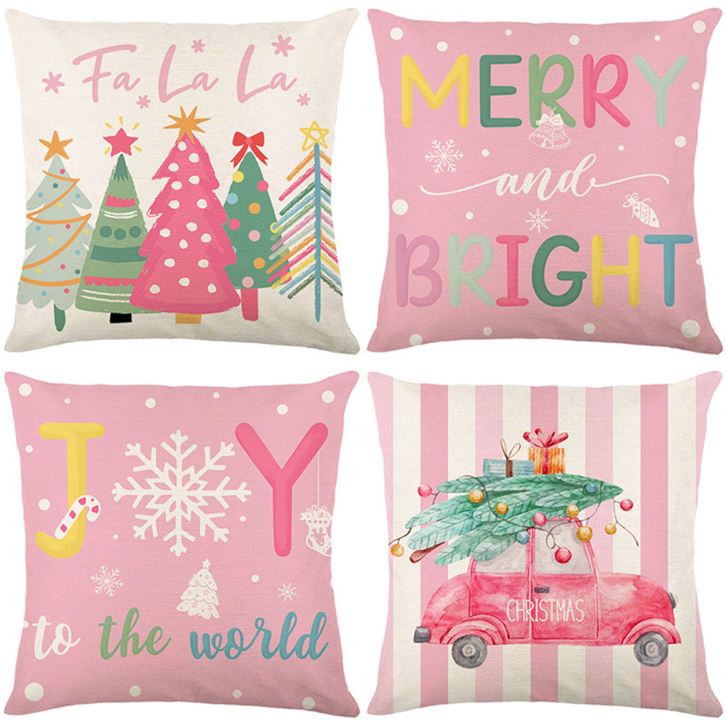 ปลอกหมอนผ้าลินิน Pink Merry Christmas 7070.6060.5050.45 45.4040.ผ้าคลุมโซฟาในบ้านตกแต่งคริสต์มาส cunshions ปลอกหมอนนอนทรงสี่เหลี่ยม ของขวัญ