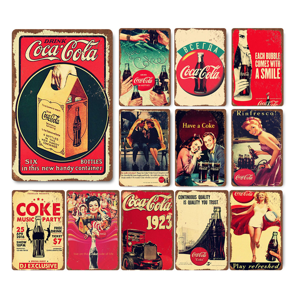 Retro Cola ภาพตกแต่ง｜ภาพเหล็กสำหรับตกแต่งบาร์ ร้านขายเสื้อผ้า และบ้าน｜ตกแต่งโลหะดีบุก｜ภาพแขวนไร้กรอบ