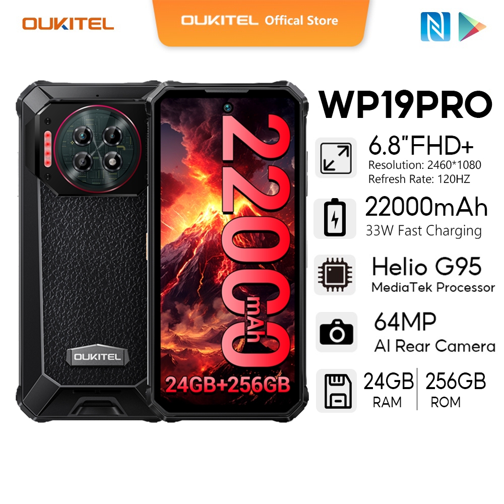 [LOCAL STOCK] Oukitel WP19 PRO 22000mAh 24GB + 256GB มือถือ 6.8 "FHD+ 120Hz/Android 13 64MP + 20MP Night Vision 33W Fast Charging Bobilesที่ทนทาน