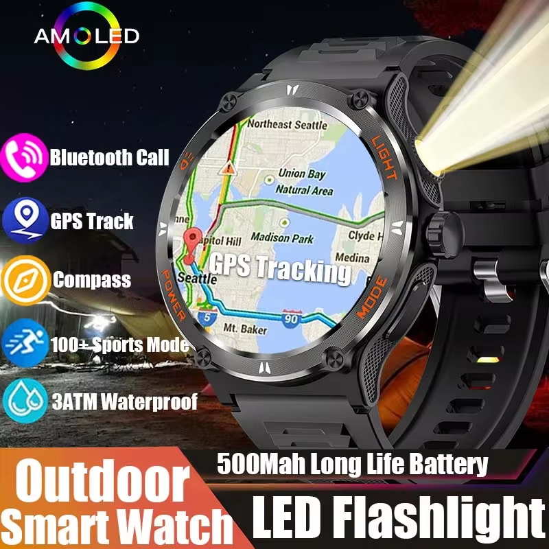 2024 ใหม่ผู้ชายกลางแจ้งทหาร Smartwatch ไฟ LED บลูทูธ 500 Mah GPS Track 3ATM เข็มทิศกันน้ํา Smartwatc