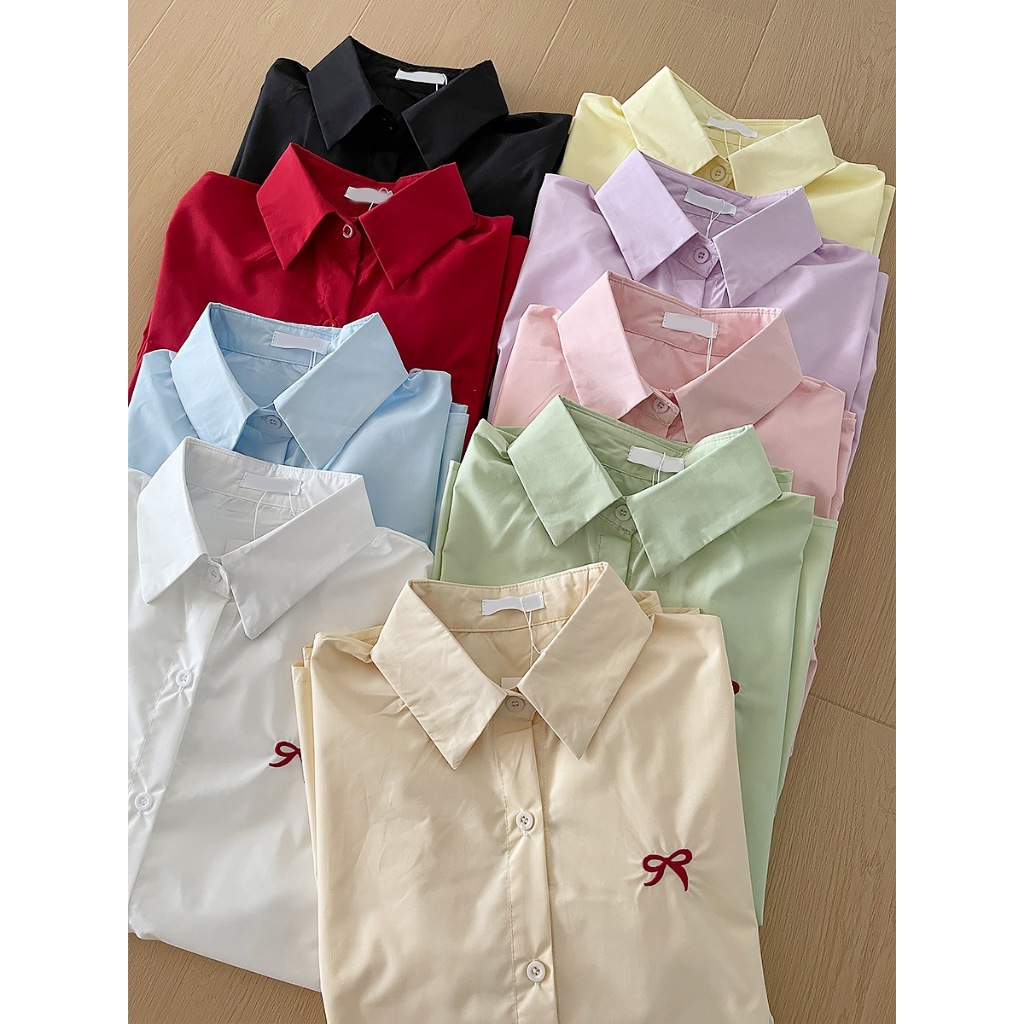 สไตล์เกาหลีผู้หญิงสุภาพสตรีเสื้อเชิ้ตแขนยาวหลวมเสื้อเชิ้ต Baju Wanita Lengan Panjang ใหม่พร้อมสต็อก