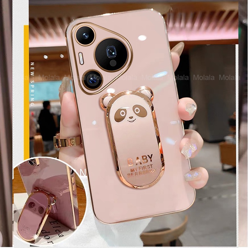 เคสโทรศัพท์แพนด้าน่ารักสําหรับ Huawei Pura 70 Ultra p60 p50 p40 p30 p20 Pro ซิลิโคนอ่อนนุ่มกันกระแทกพร้อมปลอกยึดพับ