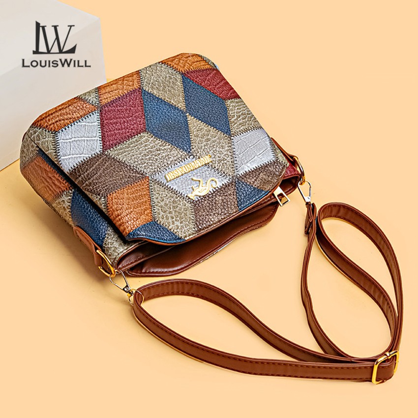 Louiswill ผู้หญิงs แฟชั่นสไตล์โบฮีเมียน Splicing Contrast Design สามชั้นขนาดใหญ่ความจุกระเป๋าหนัง PU นุ่ม Retro การพิมพ์ Messenger กระเป๋าสําหรับผู้หญิงแม่