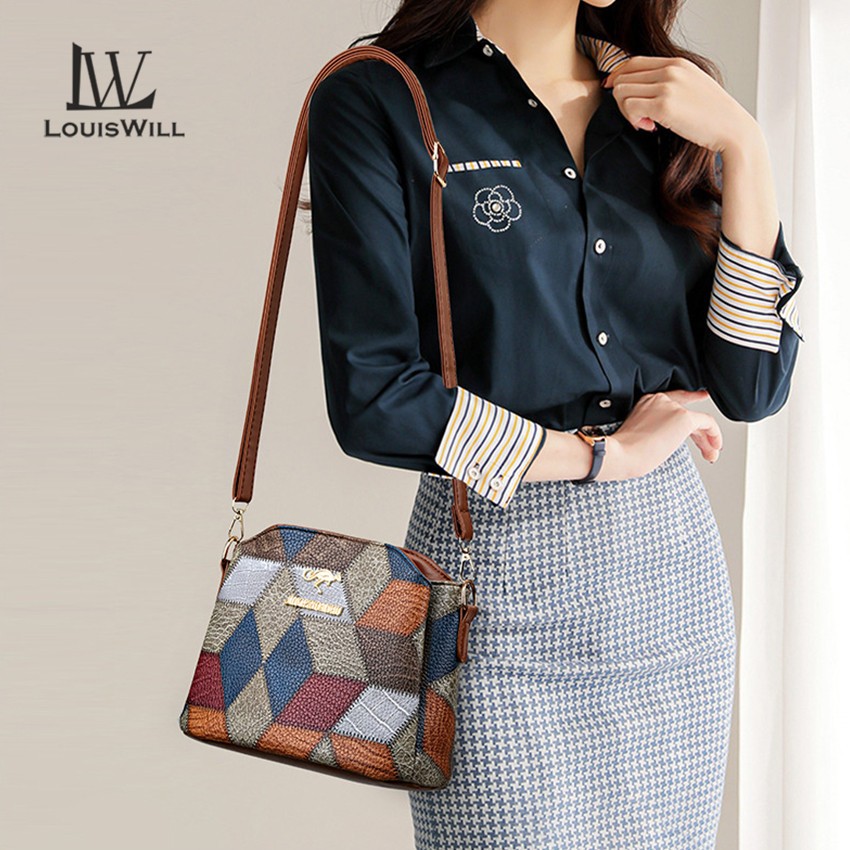 Louiswill ผู้หญิงs แฟชั่นสไตล์โบฮีเมียน Splicing Contrast Design สามชั้นขนาดใหญ่ความจุกระเป๋าหนัง PU นุ่ม Retro การพิมพ์ Messenger กระเป๋าสําหรับผู้หญิงแม่