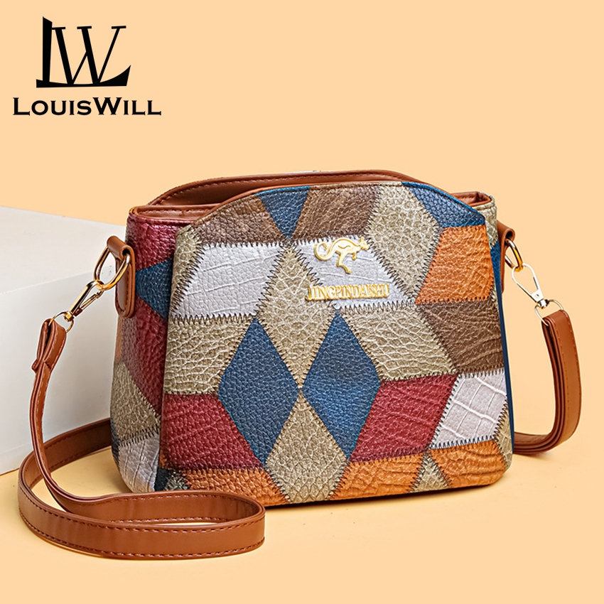 Louiswill ผู้หญิงs แฟชั่นสไตล์โบฮีเมียน Splicing Contrast Design สามชั้นขนาดใหญ่ความจุกระเป๋าหนัง PU นุ่ม Retro การพิมพ์ Messenger กระเป๋าสําหรับผู้หญิงแม่