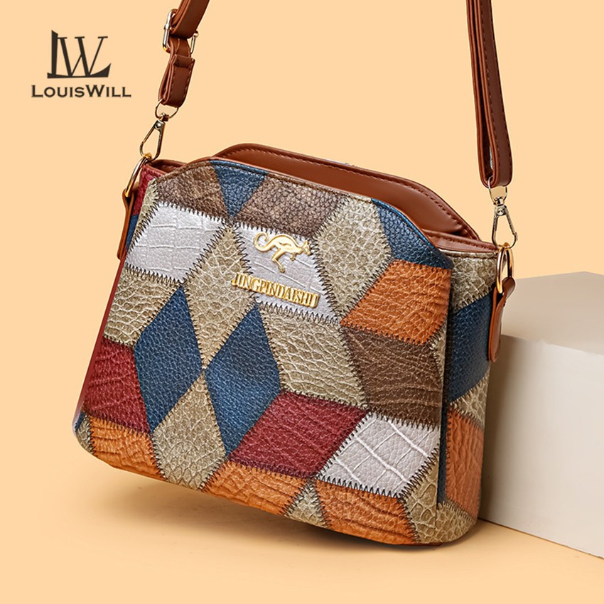 Louiswill ผู้หญิงs แฟชั่นสไตล์โบฮีเมียน Splicing Contrast Design สามชั้นขนาดใหญ่ความจุกระเป๋าหนัง PU นุ่ม Retro การพิมพ์ Messenger กระเป๋าสําหรับผู้หญิงแม่