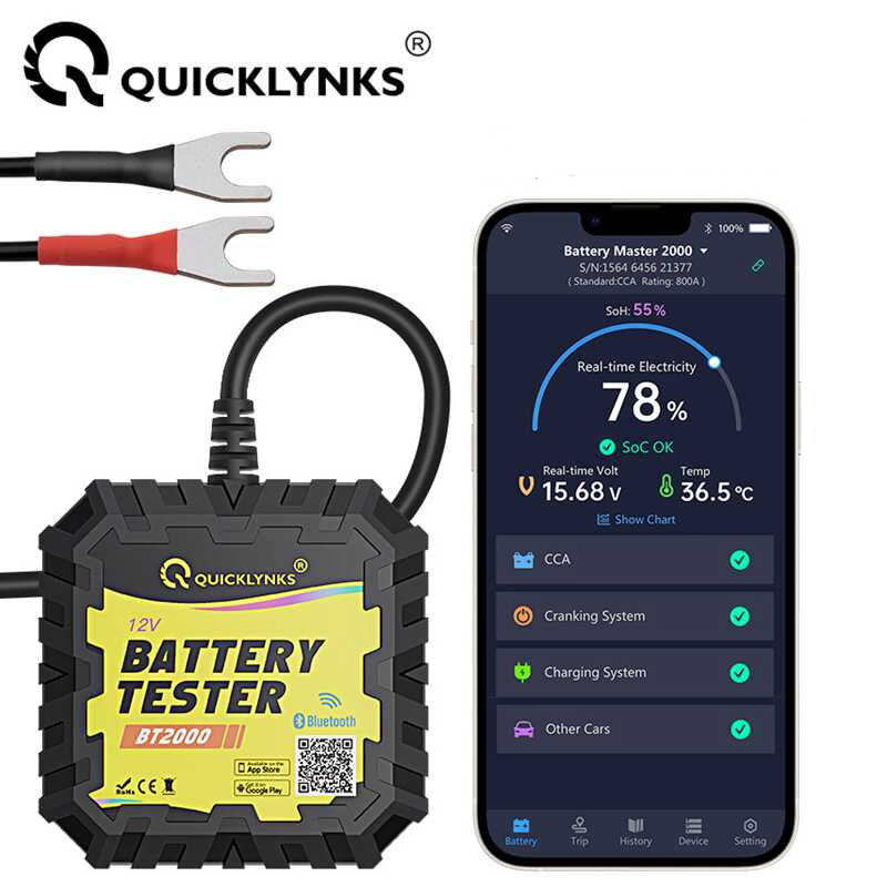 Quicklynks BT2000 บลูทูธ 12V แบตเตอรี่ Test Monitor แบตเตอรี่ Cranking & ทดสอบการชาร์จ 100-2000 CCA 