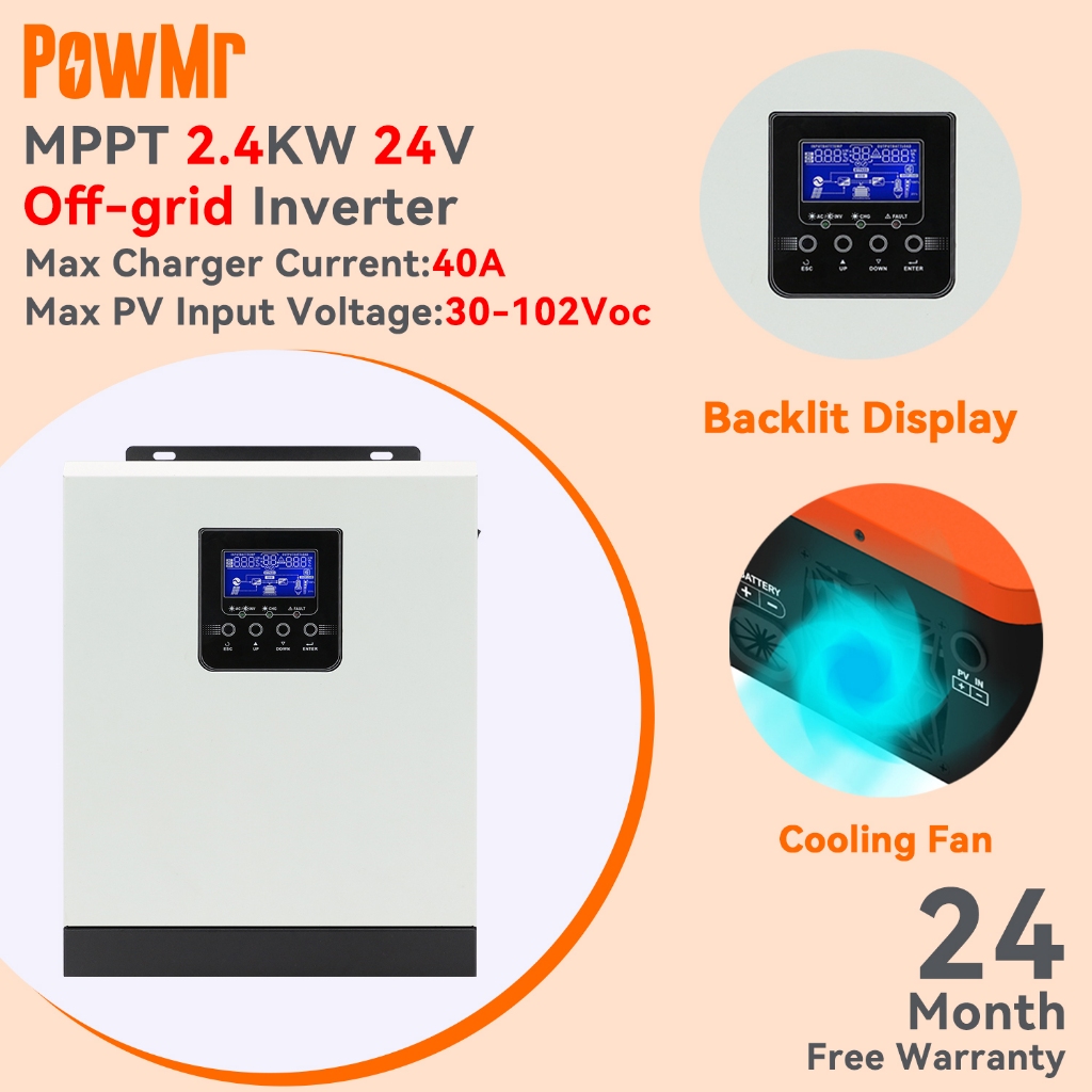 PowMr 3KVA 2400W Solar hybrid inverter Max 30-102Voc PV input อินเวอร์เตอร์คลื่นไซน์บริสุทธิ์นอกกริด Built-in 40A MPPT solar controller Support 24V Lifepo4 battery 50/60HzAuto HMS