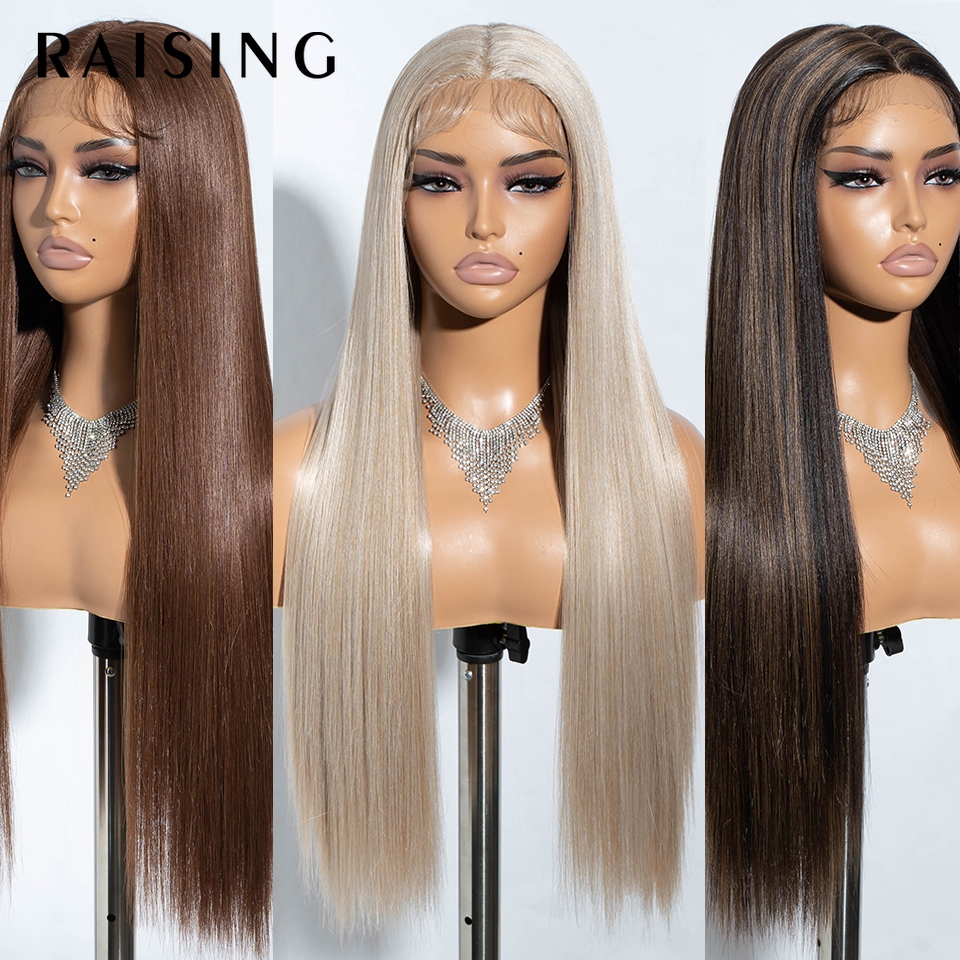 Raising GIRL วิกผมยาวตรง สังเคราะห์ ลูกไม้ HD สีดํา 26 นิ้ว สําหรับผู้หญิง