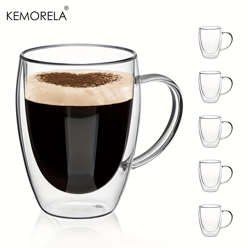 KEMORELA 4/6pcs 350ML แก้วกาแฟแก้วติดผนังคู่พร้อมที่จับแก้วใสถ้วยคาปูชิโน่สําหรับ Cappuccino,ชา,ลาเต้,Espresso,เครื่องดื่มร้อน,ไวน์,เครื่องล้างจานปลอดภัย