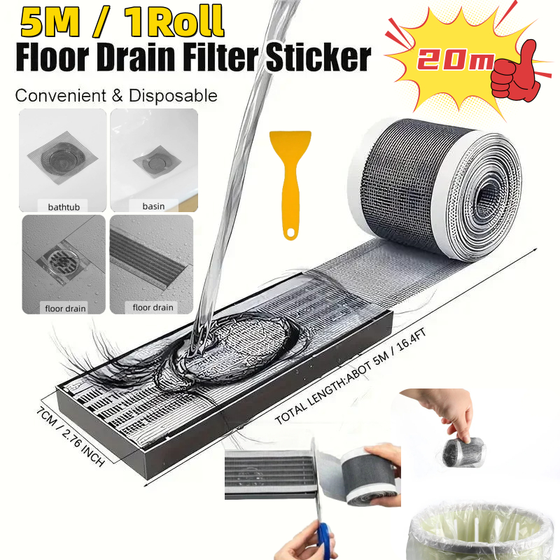 20m Cuttable Shower Drain Hair Catcher ทิ้งท่อระบายน้ําชั้น Patch Self-Adhesive สติกเกอร์ตาข่ายห้องน้ําห้องครัวอ่างล้างจานผมกรองห้องน้ํา