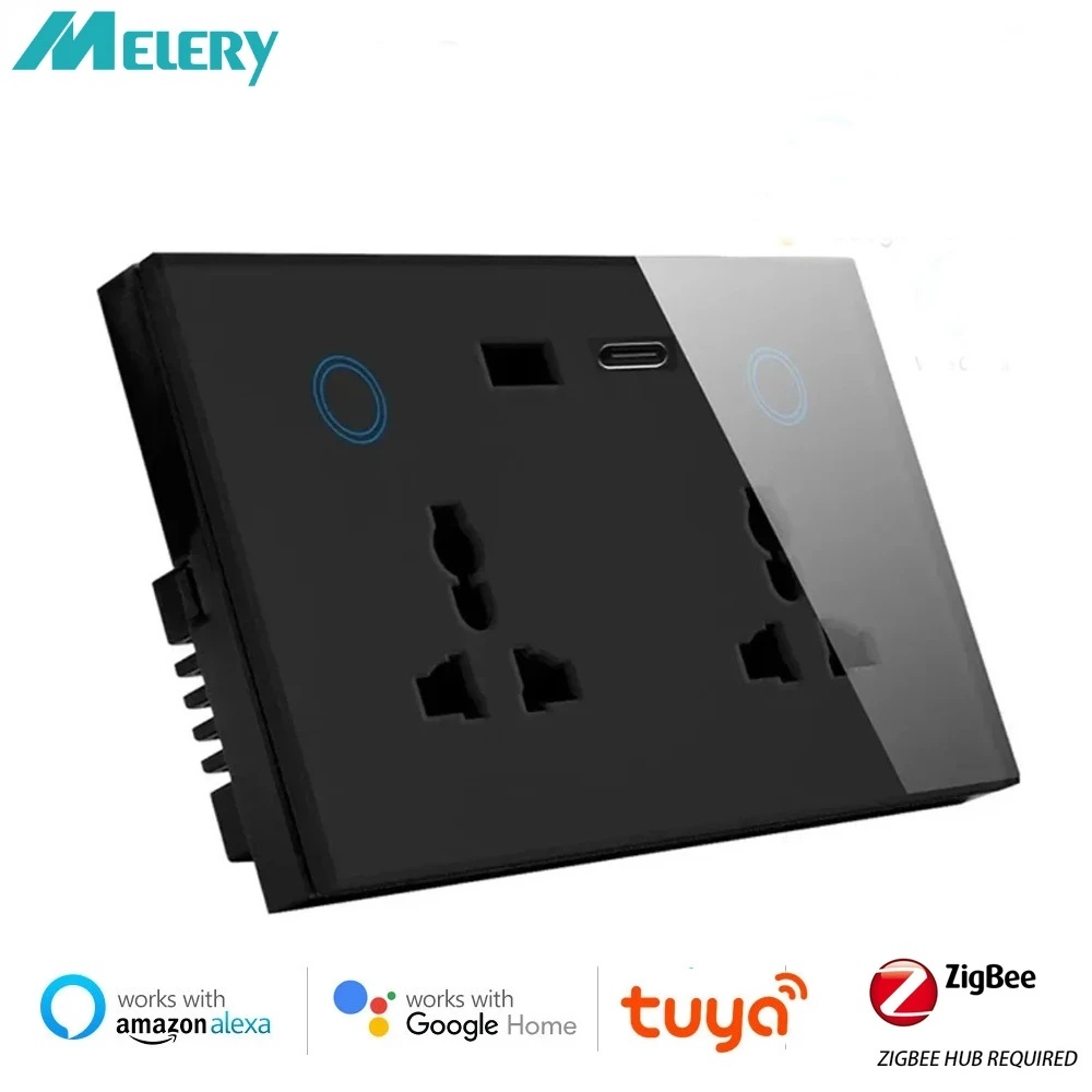 Melery Zigbee Tuya 147 ซ็อกเก็ตผนัง USB Type-C 30W Universal Power Plug Outlet 13A สวิทช์สัมผัสระยะไกลโดย Alexa Google Home