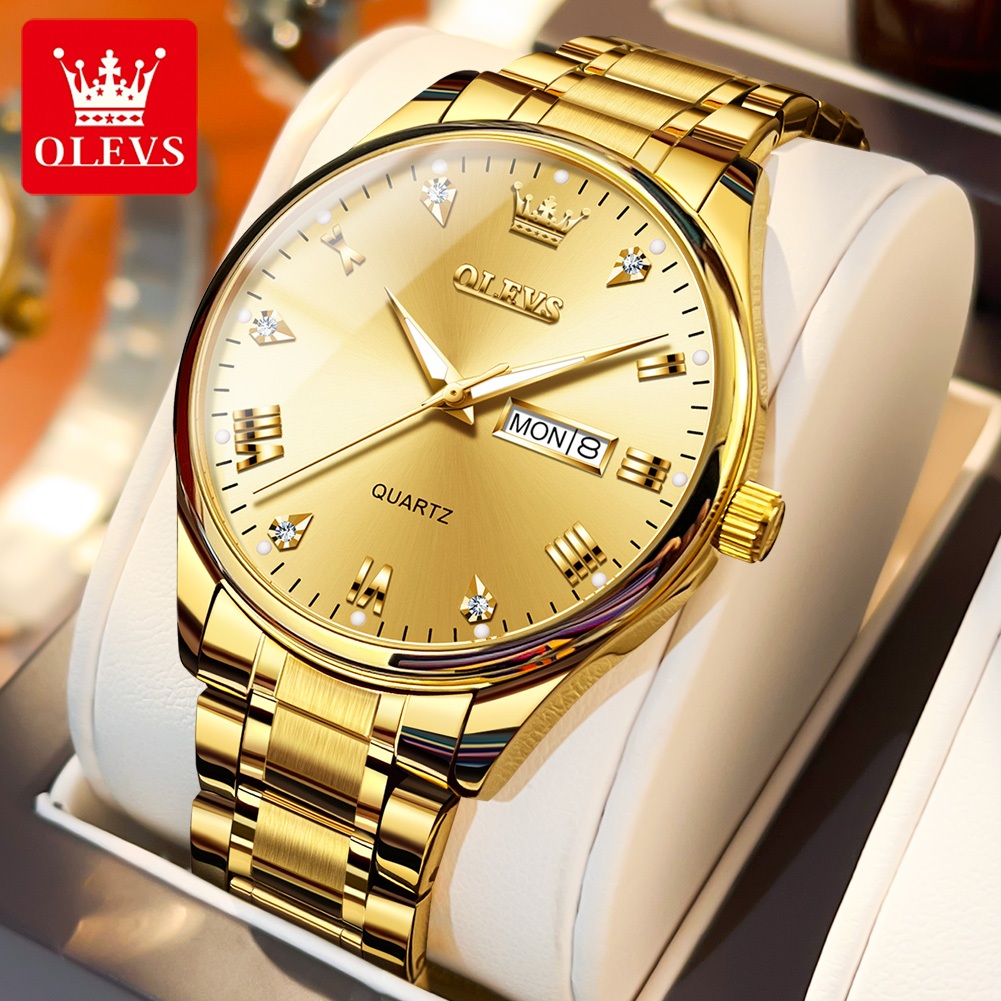 OLEVS นาฬิกาผู้ชาย กันน้ำ 100% แท้ สไตล์ธุรกิจ พร้อมปฏิทิน ส่องสว่าง สายสเตนเลส ทอง/สีขาว/สีดำ นาฬิกาควอตซ์ ของขวัญวันเกิดผู้ชาย นาฬิกาข้อมือ รุ่น: 5563