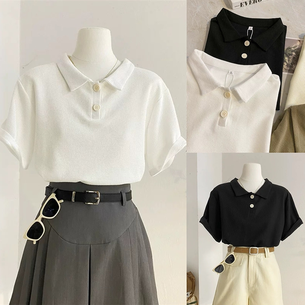 Hotgirl พร้อมส่ง✨เสื้อโปโล เสื้อยืดโปโลผู้หญิง ผ้าวาฟเฟิลพื้นฐาน แขนสั้น ทรงหลวม ดูเรียบร้อย ใส่เข้างานไปเที่ยว