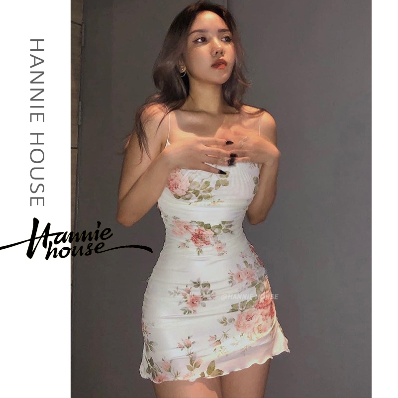 Hanie House- ชุดเดรสสะโพกตาข่าย Ruched ดอกไม้วินเทจสําหรับผู้หญิง