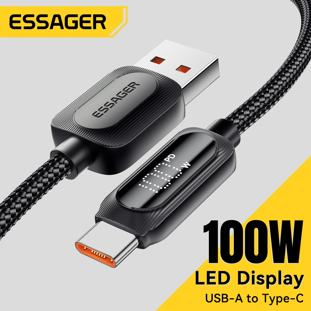 Essager 100W USB-A ถึง Type C 7A จอแสดงผลดิจิตอลสายชาร์จเร็วสายเคเบิลข้อมูลที่รองรับอย่างเต็มที่