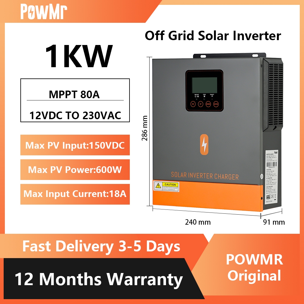 PowMr 1KW 12V Hybrid Solar Inverter 230Vac PV เริ่มต้นแรงดันไฟฟ้า 20Voc ในตัว 80A MPPT Solar Charge 