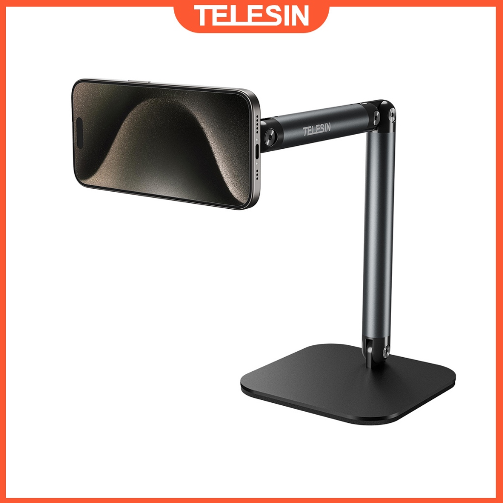 Telesin 360° ขาตั้งแบบพับได้ที่วางโทรศัพท์แบบแม่เหล็กก้านอลูมิเนียมอัลลอยด์สําหรับโทรศัพท์มือถือถ่ายทอดสดสตรีมมิ่ง
