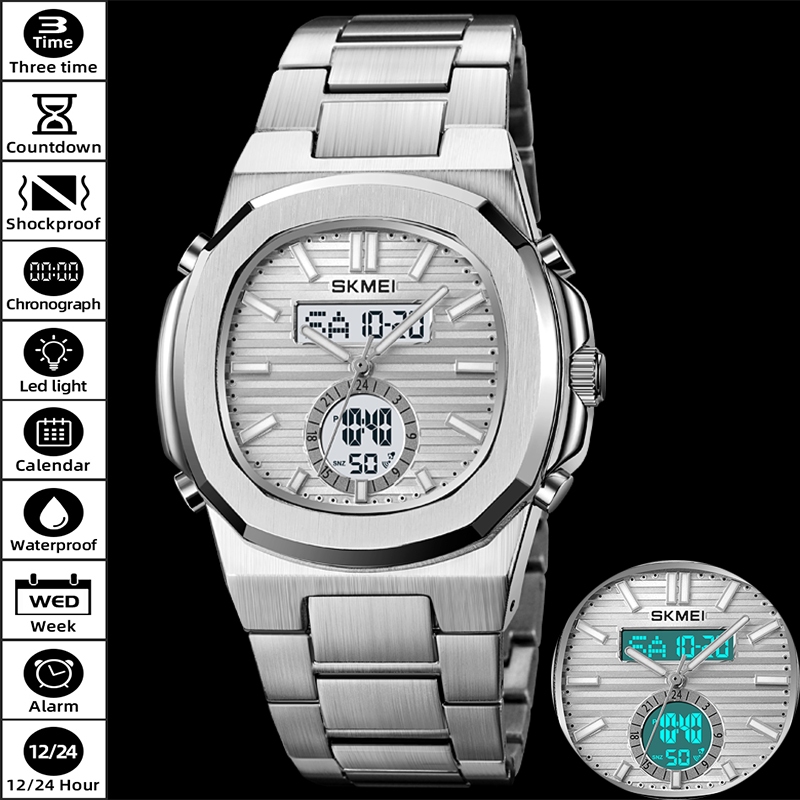 SKMEI สมี นํา กันน้ําควอตซ์อนาล็อกนาฬิกาสายสแตนเลสสามเวลาโซนดิจิตอลกีฬาชายนาฬิกาปลุก