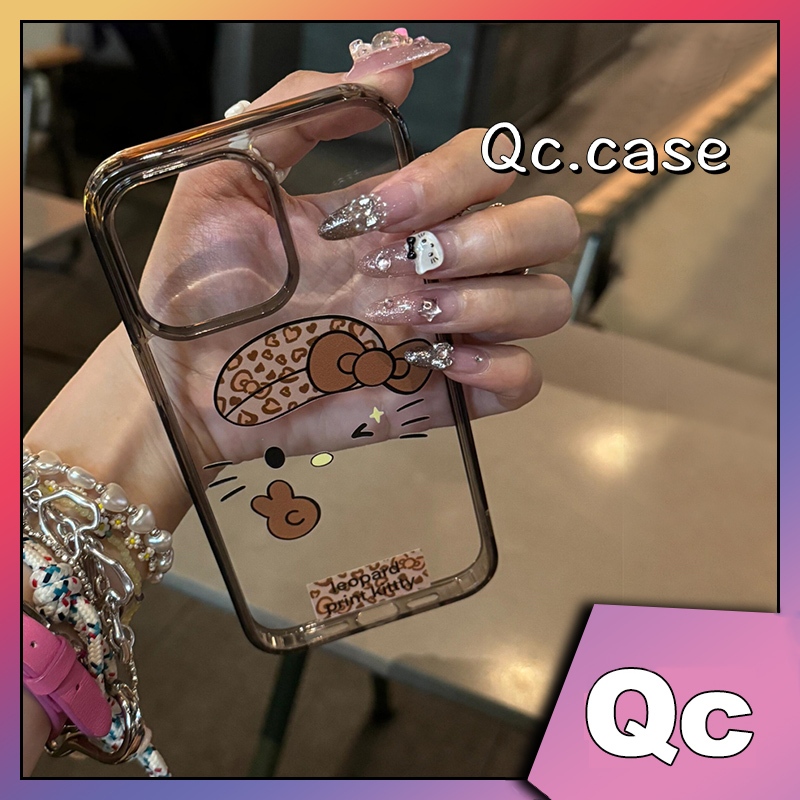 Qcสไตล์เกาหลีเสือดาวพิมพ์Kitty Cat full edge tpu soft Caseเคสโทรศัพท์Iphone 15 case iphone 14 case i