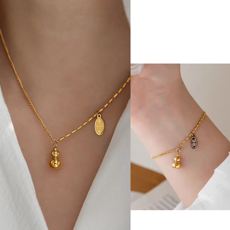 Shiny Influencer Lucky Gourd สร้อยคอ, วัสดุสแตนเลสจะไม่จางหาย, Influencer National Style Lucky, Unisex