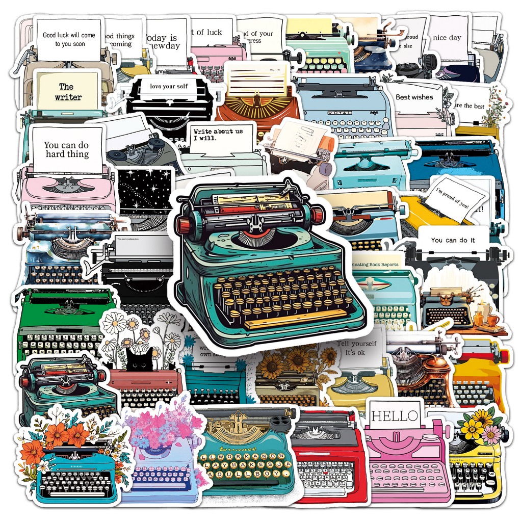 Retro 50 ชิ้นเครื่องพิมพ์ดีดสติกเกอร์กันน้ํา DIY สําหรับโทรศัพท์แล็ปท็อปรถสติกเกอร์ Creative Home Decal