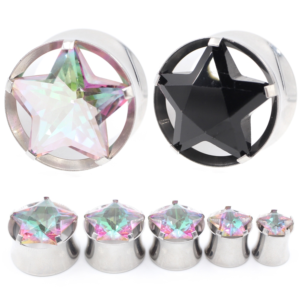 Alisouy 1 ชิ้นสแตนเลส CZ Zircon Star Hollow หูอุโมงค์ปลั๊ก Expander Flared Stretcher Gauges ต่างหูเจาะเครื่องประดับ
