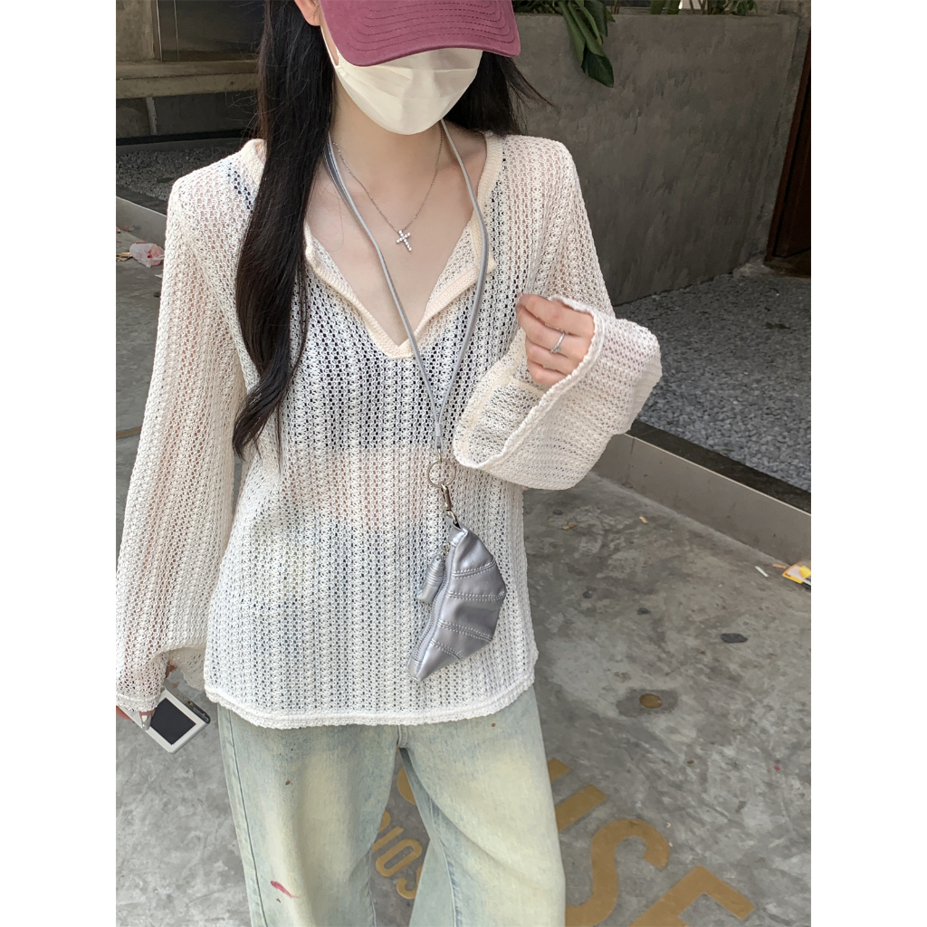 76444 Loose Half-Open Collar Hollow Thin T-Shirt Top