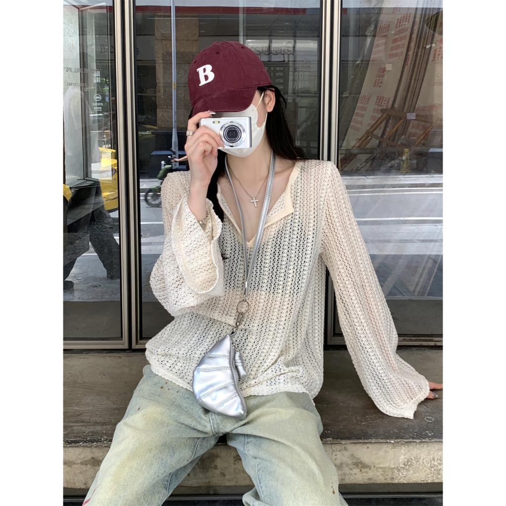 76444 Loose Half-Open Collar Hollow Thin T-Shirt Top
