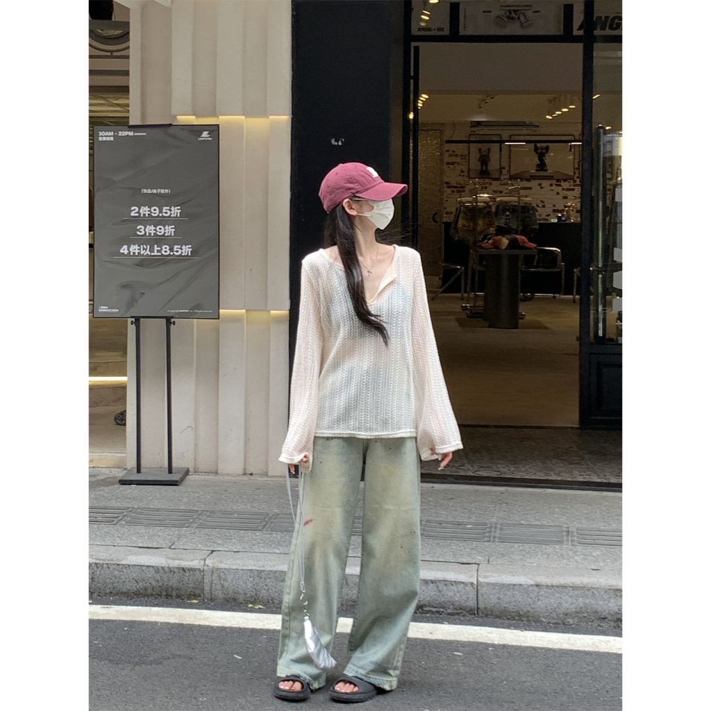 76444 Loose Half-Open Collar Hollow Thin T-Shirt Top