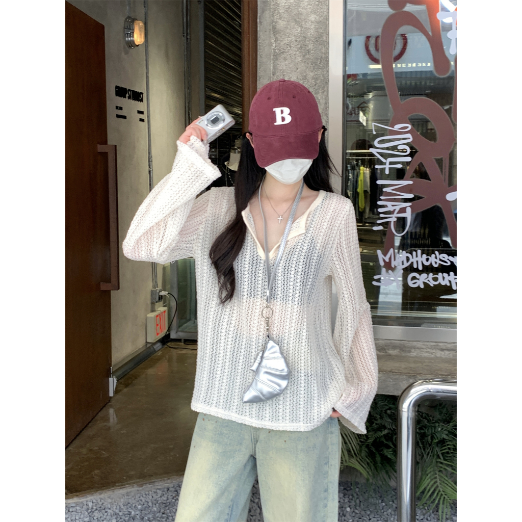 76444 Loose Half-Open Collar Hollow Thin T-Shirt Top