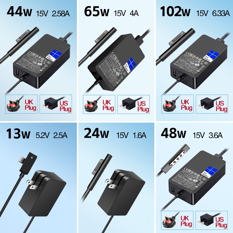 อะแดปเตอร์ชาร์จ Microsoft Surface รองรับ Pro 1–9, Surface 3, Go 1–3, Book 1–3, Laptop 1–3 กําลังไฟ 13W–102W