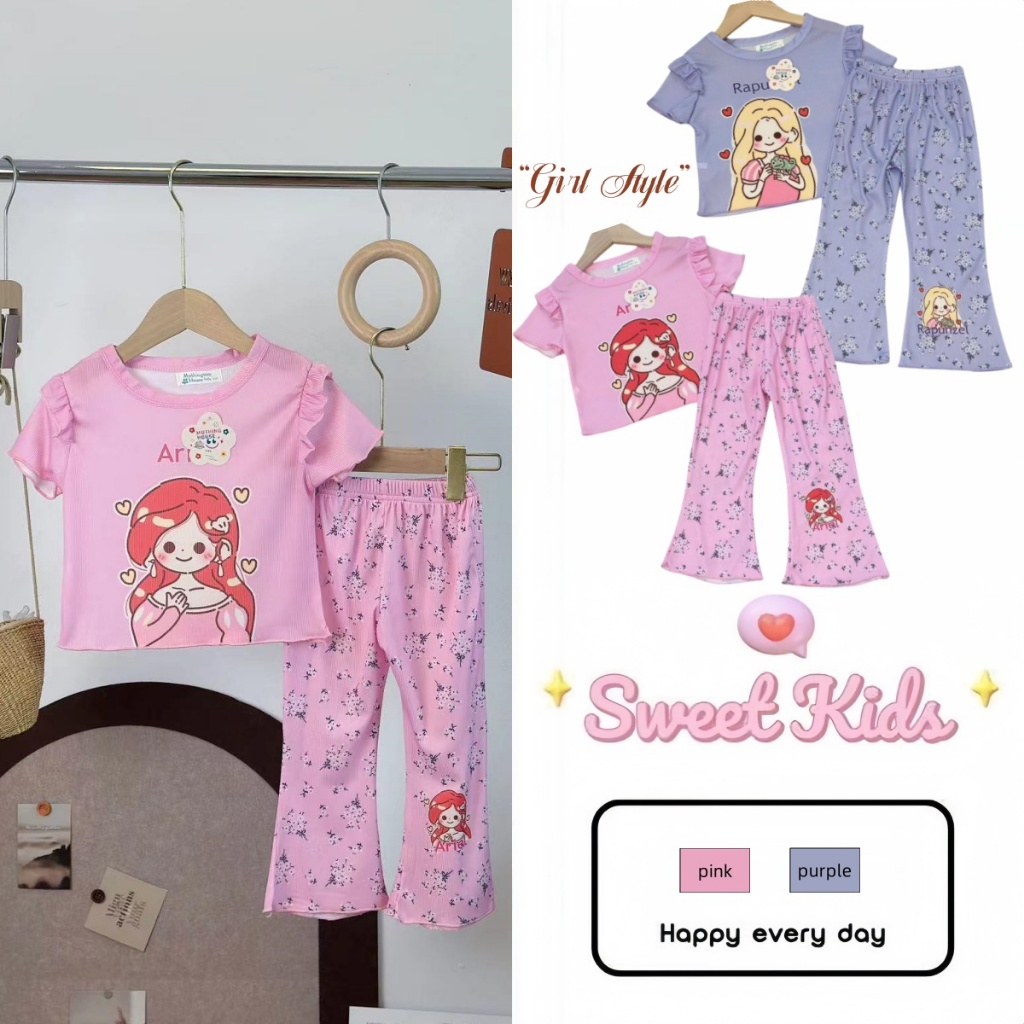 SweetKids พร้อมส่งจากกทม ชุดเซ็ทเด็กผู้หญิง แฟชั่น เสื้อแขนสั้นคอกลม กางเกงขายาว พิมพ์ลายน่ารัก สไตล์เกาหลี ฤดูร้อน
