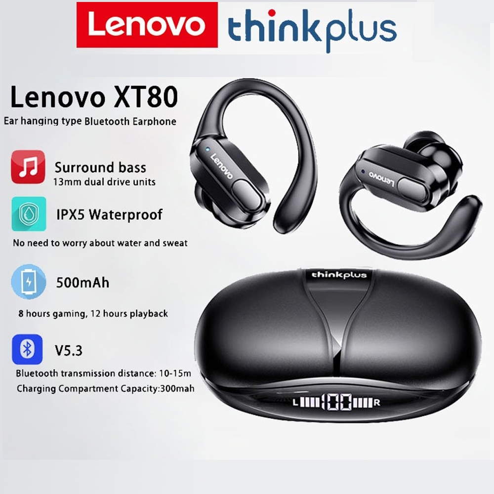 Lenovo XT80 TWS หูฟังไร้สายกีฬาบลูทูธ 5.3 พร้อมหน้าจอ LED ดิจิตอลกันเหงื่อ-Thinkplus