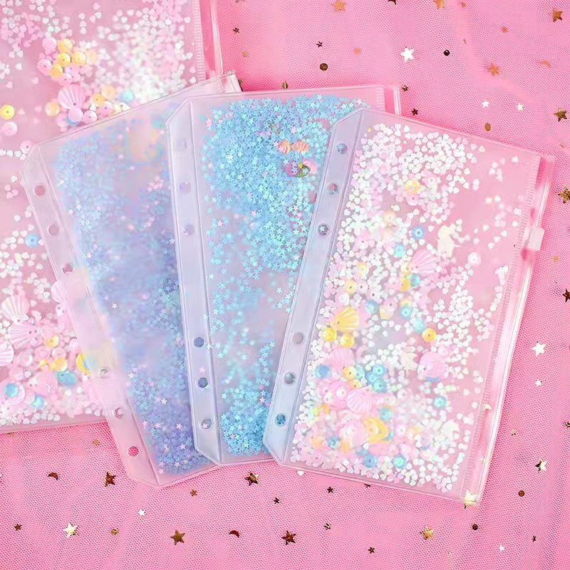 A5 A6 Glitter Sequins Notebook กระเป๋าด้านในน่ารัก 6 หลุมหลวม Leaf Binder แหวนกระเป๋าซิป Kawaii Journal Planner กระเป๋าด้านในสํานักงาน