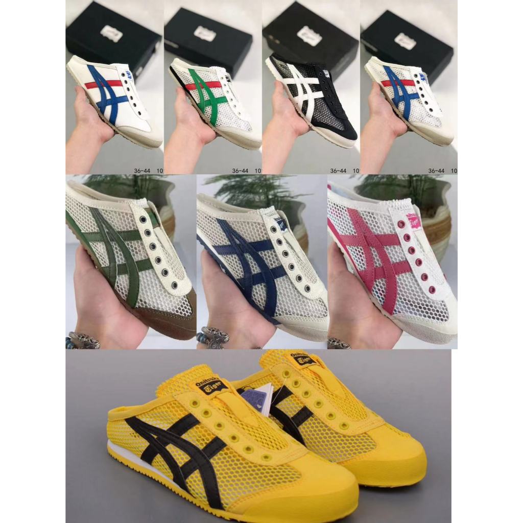 Onitsuka Tiger ฤดูร้อนครึ่งสนับสนุนตาข่ายระบายอากาศ One-Pedal ผู้ชายผู้หญิงสไตล์เดียวกันรองเท้าขี้เกียจรองเท้าชายหาดรองเท้าแตะรองเท้าลําลอง Bruce Lee Y