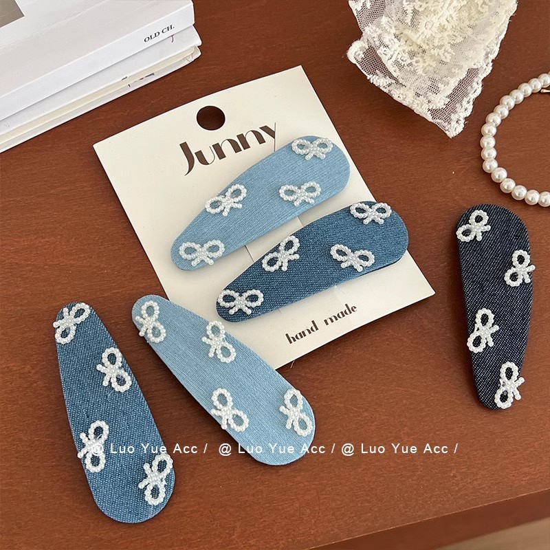 💌💌กิ๊บหนีบผม คลิปด้านข้าง ประดับโบว์ ประดับไข่มุก สีน้ำเงิน Insสไตล์เกาหลี แฟชั่นสําหรับผู้หญิง-Aid
