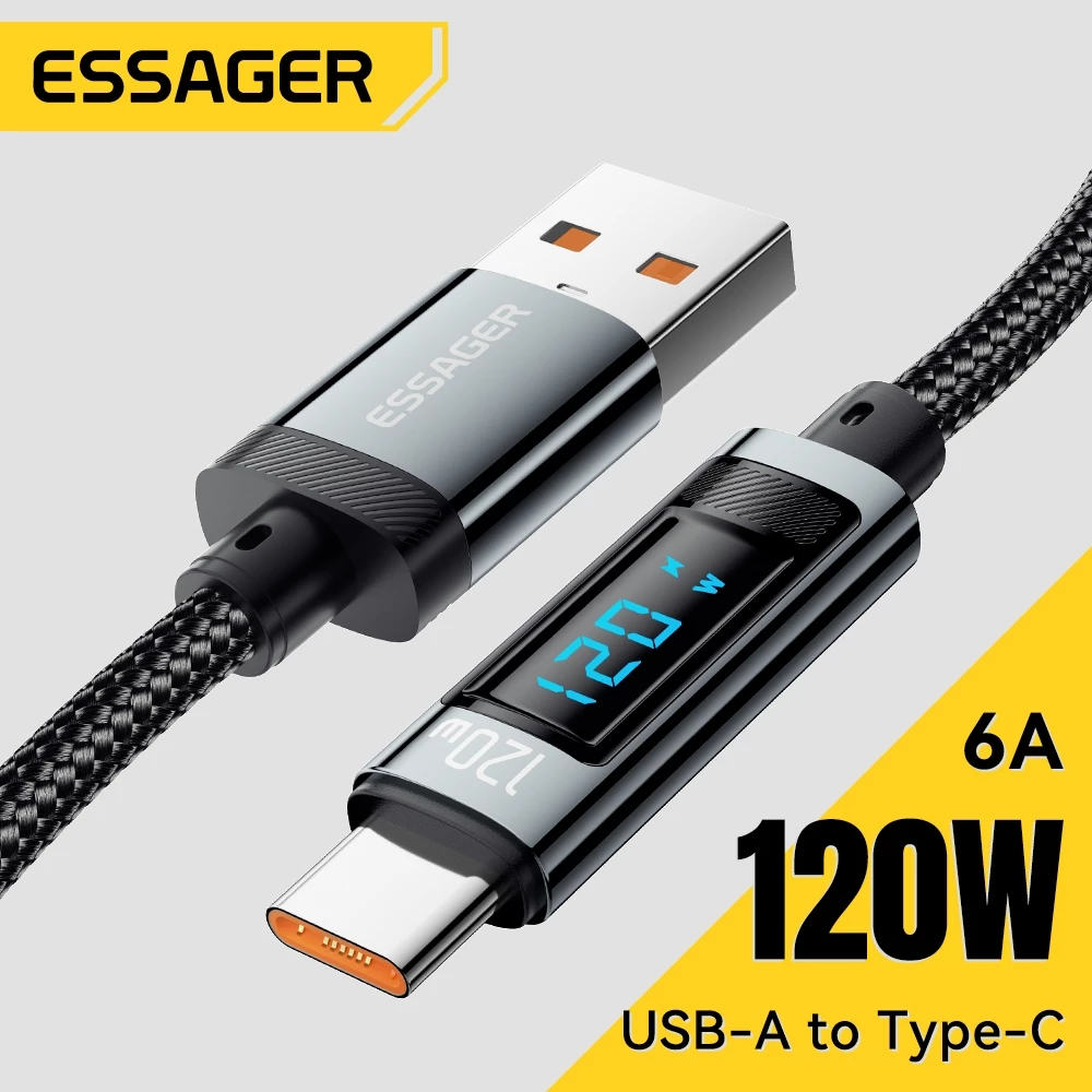 Essager 120W & 6A สายชาร์จเร็วไนลอนถักจอแสดงผลดิจิตอลของการชาร์จสําหรับ Xiaomi Huawei