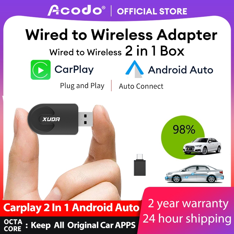 Acodo 2 In 1 กล่อง AI สมาร์ทคาร์เพลย์ แบบใช้สาย เป็นไร้สาย USB ดองเกิล ขนาดเล็ก พร้อม USB Plug and Play รองรับการอัพเกรด OTA เวลาแฝงต่ํา