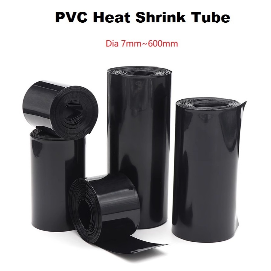 Black  PVC Heat Shrink Tube Width 7mm ~ 500mm หลอดหดความร้อน พีวีซี สีดํากว้าง ฟิล์มฉนวนห่อเคสป้องกันแพ็คปลอกสายไฟ