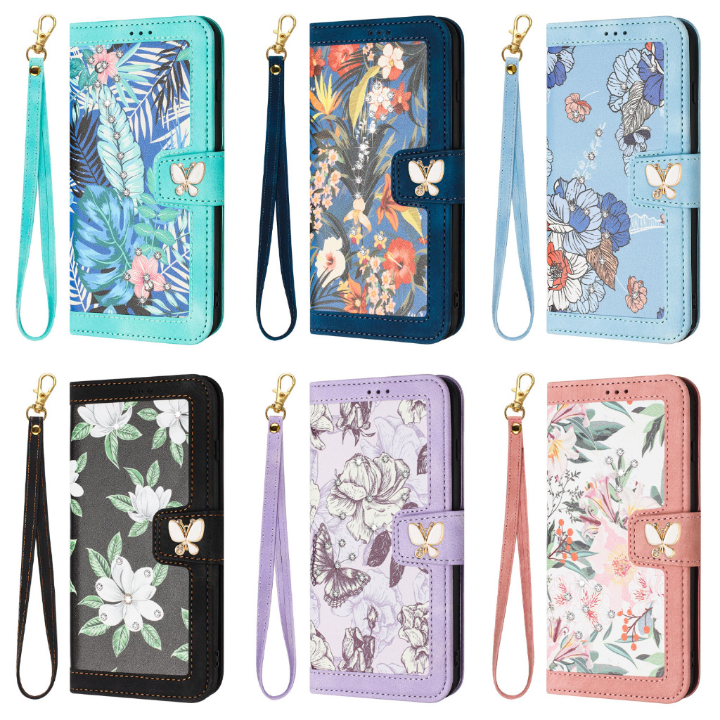 ดอกไม้เงาสําหรับ Samsung Galaxy S22 S23 S24 Ultra S20 S21 S23 FE S24 + S23 + S22 + S21 + เพชรหนัง Slim ฝาครอบผีเสื้อ