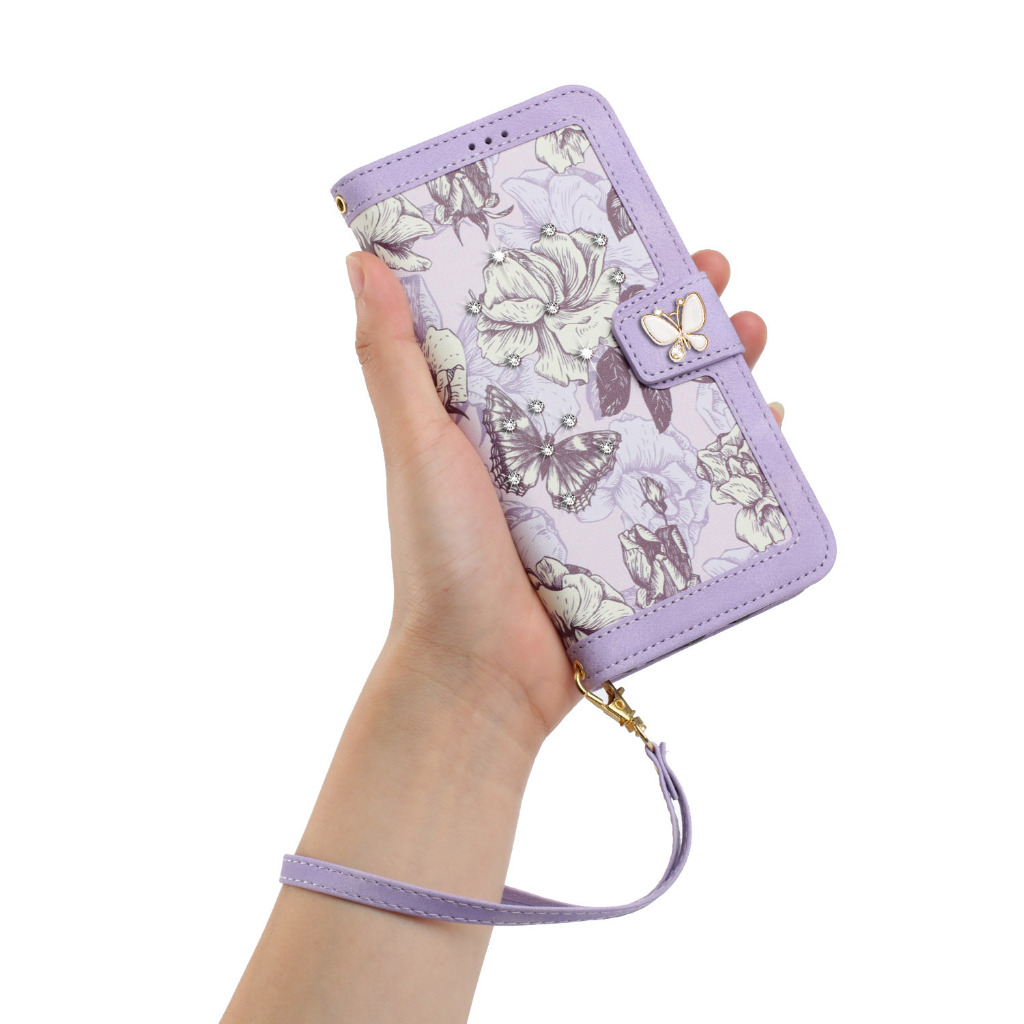 ดอกไม้เงาสําหรับ Samsung Galaxy S22 S23 S24 Ultra S20 S21 S23 FE S24 + S23 + S22 + S21 + เพชรหนัง Slim ฝาครอบผีเสื้อ