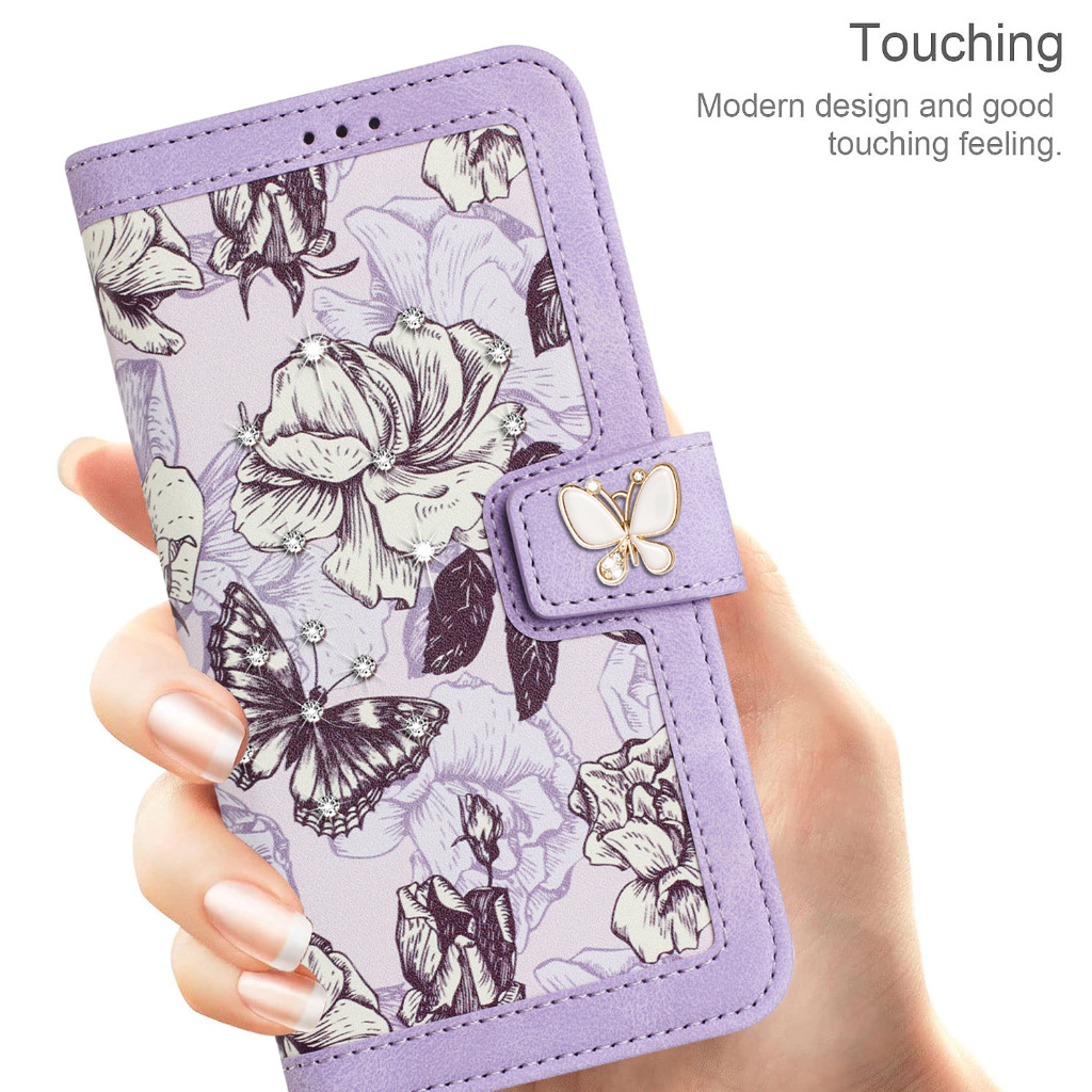 ดอกไม้เงาสําหรับ Samsung Galaxy S22 S23 S24 Ultra S20 S21 S23 FE S24 + S23 + S22 + S21 + เพชรหนัง Slim ฝาครอบผีเสื้อ