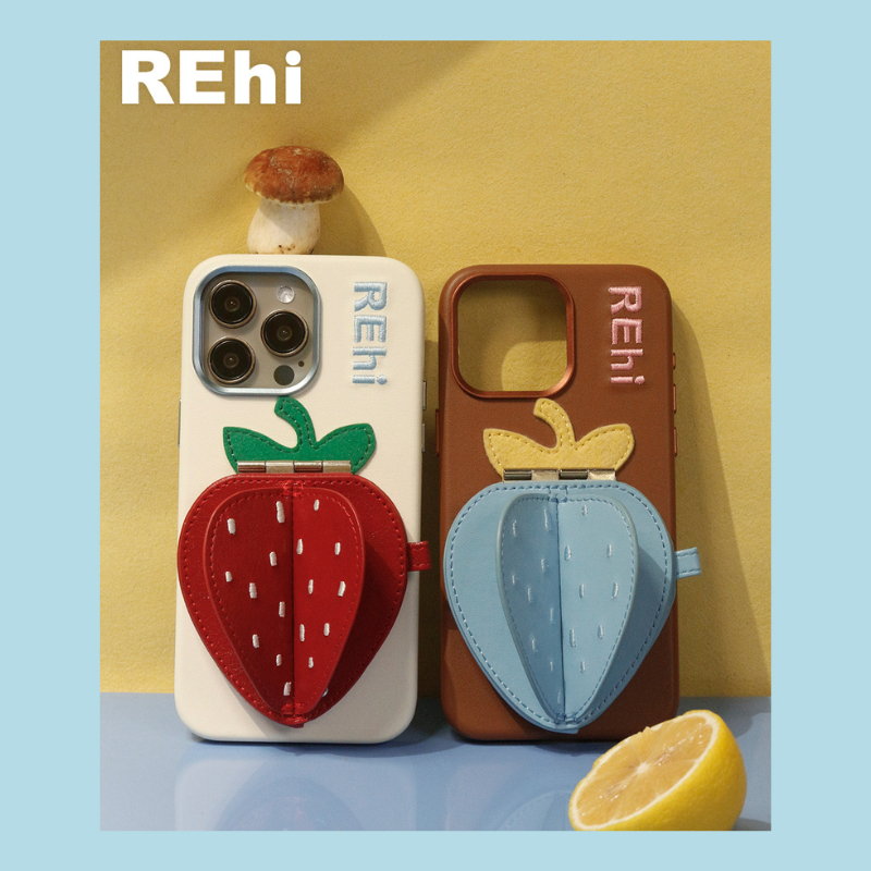 [Ready-Store] Rehi Case Strawberry Phone Case Mirror Stand Rotatable Strawberry Stand Phone Case iPh