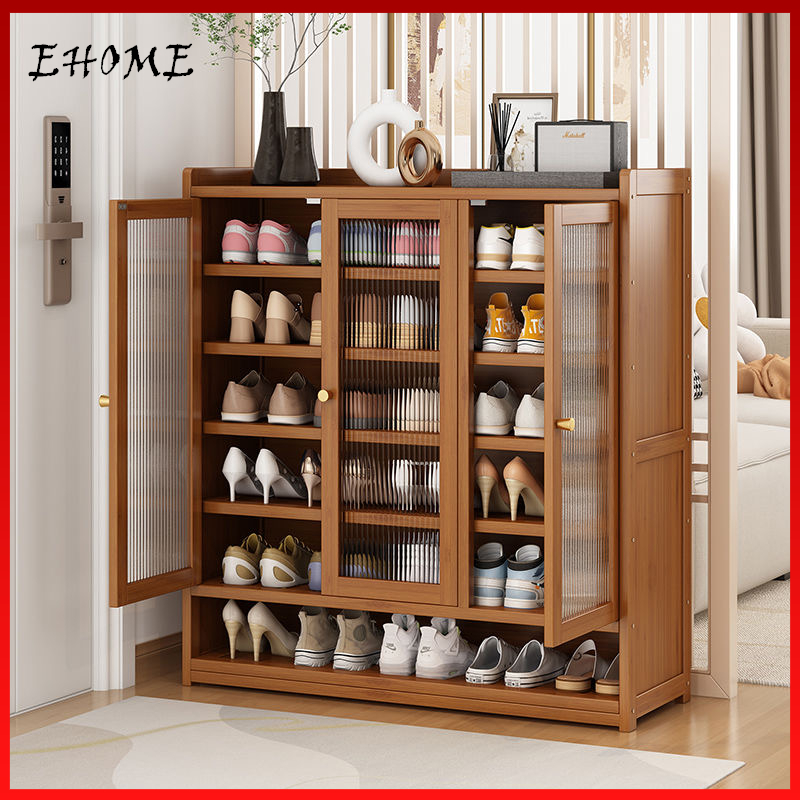 EHOME ตู้รองเท้าไม้ที่มีประตูชั้นวางอเนกประสงค์ที่เก็บรองเท้าออแกไนเซอร์ชั้นวางรองเท้าไม้ไผ่