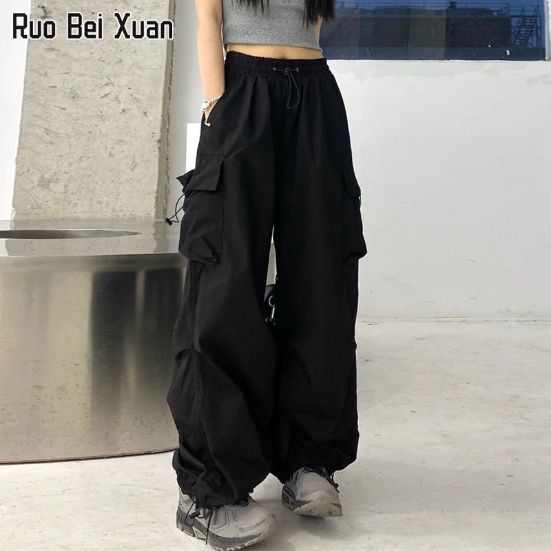 Ruo Bei Xuan กางเกงขากว้าง เอวสูง ทรงหลวม สีดํา