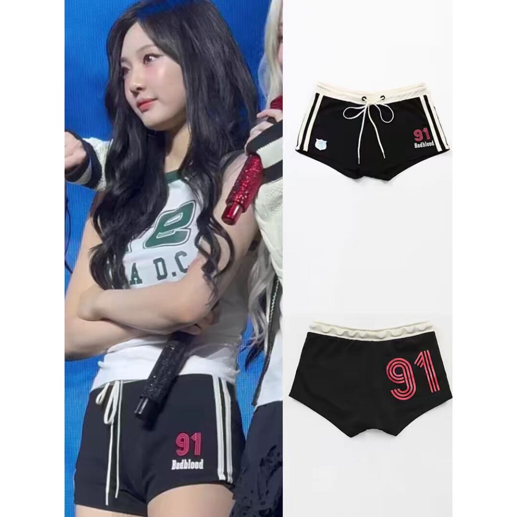 Aespa Ningning American Retro พิมพ์เอวสูงกระชับสัดส่วน Badblood กางเกงขาสั้นสบายๆกีฬา Drawstring Mini กางเกง