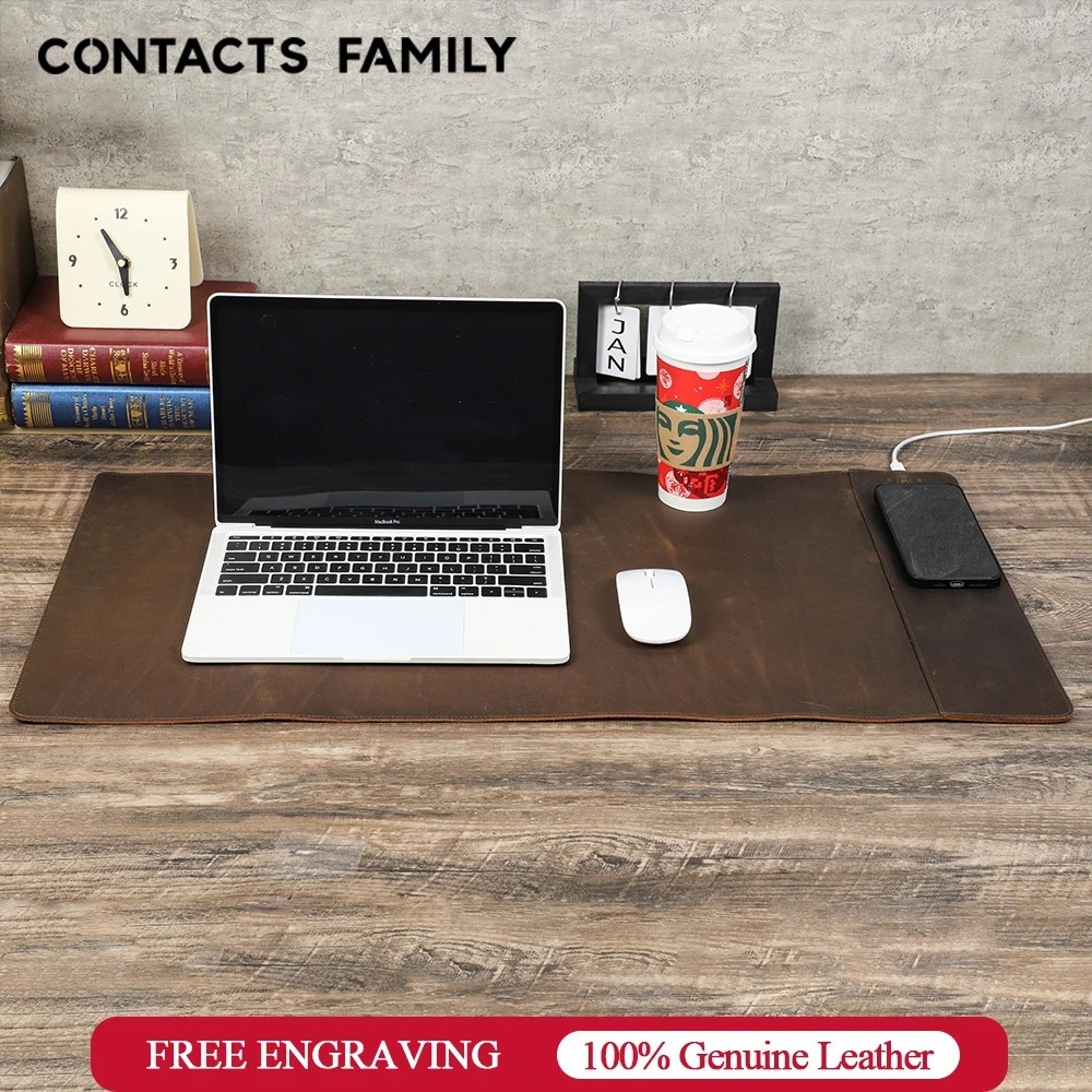 CONTACTS FAMILY แผ่นรองเมาส์หนังแท้พร้อมโทรศัพท์ชาร์จไร้สายสำหรับ Xiaomisamsunggalaxyhuawei พิมพ์ USBC 15 W แท่นชาร์จ ที่รวดเร็ว